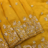 Mustard Yellow Organza Saree With Heavy Hand Embroidered Floral Vine Border And Star Booti
