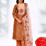 Earthy Brown Kota Floral Printed Kurta Set