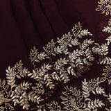 Wine Burgundy Organza Saree With Hand Embroidered Leaf Motif Border And Stone Work