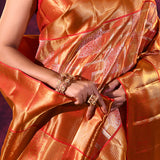 Golden With Checks Weave And Red Border Kanjivaram Silk Saree
