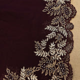 Wine Burgundy Organza Saree With Hand Embroidered Leaf Motif Border And Stone Work