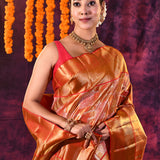 Golden With Checks Weave And Red Border Kanjivaram Silk Saree
