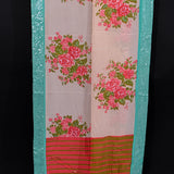 Peach Designer Saree With Hand-Painted Floral Embroidery And Striped Pallu