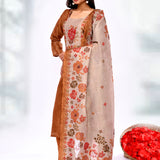 Earthy Brown Kota Floral Printed Kurta Set