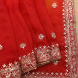 Red Organza Saree With Heavy Hand Embroidered Floral Vine Border And Star Booti