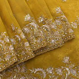 Mustard Yellow Organza Saree With Heavy Hand Embroidered Floral Vine Border And Star Booti