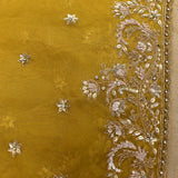 Mustard Yellow Organza Saree With Heavy Hand Embroidered Floral Vine Border And Star Booti