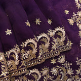 Deep Purple Organza Saree With Heavy Hand Embroidered Floral Vine Border And Zari Booti