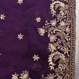 Deep Purple Organza Saree With Heavy Hand Embroidered Floral Vine Border And Zari Booti