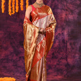 Amber Orange With Vertical Zari Stripes Kanjivaram Tissue Saree