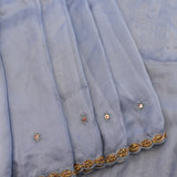 Dusty Grey-Blue Organza Saree With Hand Embroidered Floral Booti And Antique Gold Leaf Border