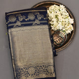 Navy Blue Kanjivaram Silk Saree With Gold Zari Floral Jaal And Wide Border