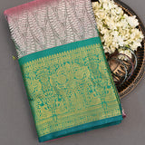 Pink And Green Kanjivaram Silk Saree With Gold Zari Leaf Weave And Ornate Border