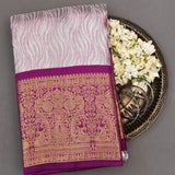 Silver Grey And Magenta Kanjivaram Silk Saree With Gold Zari Woven Border