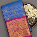 Royal Blue Kanjivaram Silk Saree With Magenta-Gold Zari Border