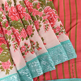 Peach Designer Saree With Hand-Painted Floral Embroidery And Striped Pallu
