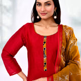 Crimson Red Dupion Silk Warli Printed Kurta Set
