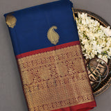 Navy Blue Kanjivaram Silk Saree With Red-Gold Zari Paisley Border