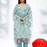Aqua Blue Cotton Thread Embroidered Kurta Set