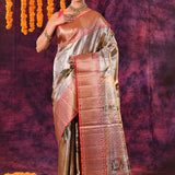 Silver-Copper Dual-Tone With Floral Print & Striped Border Kanjivaram Silk Saree