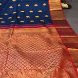 Navy Blue Kanjivaram Silk Saree With Red-Gold Zari Paisley Border