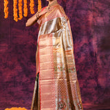 Silver-Copper Dual-Tone With Floral Print & Striped Border Kanjivaram Silk Saree