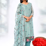 Aqua Blue Cotton Thread Embroidered Kurta Set