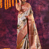 Silver-Copper Dual-Tone With Floral Print & Striped Border Kanjivaram Silk Saree