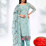 Aqua Blue Cotton Thread Embroidered Kurta Set