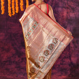 Silver-Copper Dual-Tone With Floral Print & Striped Border Kanjivaram Silk Saree