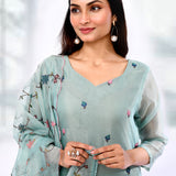 Aqua Blue Cotton Thread Embroidered Kurta Set