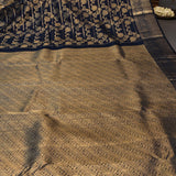 Navy Blue Kanjivaram Silk Saree With Gold Zari Floral Jaal And Wide Border