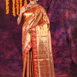 Gold With Red Contrast Shikargah Border Kanjivaram Silk Saree