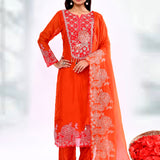 Bright Red Chiffon Floral Embroidered Kurta Set