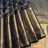 Navy Blue Kanjivaram Silk Saree With Gold Zari Floral Jaal And Wide Border