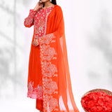 Bright Red Chiffon Floral Embroidered Kurta Set