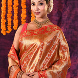 Gold With Red Contrast Shikargah Border Kanjivaram Silk Saree