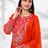 Bright Red Chiffon Floral Embroidered Kurta Set