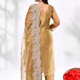 Dark Beige Organza Tissue Floral Embroidered Kurta Set