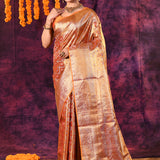 Rust Orange With Gold Floral Zari Checks Weave Kanjivaram Silk Saree