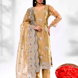 Dark Beige Organza Tissue Floral Embroidered Kurta Set