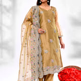 Dark Beige Organza Tissue Floral Embroidered Kurta Set