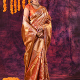 Rust Orange With Gold Floral Zari Checks Weave Kanjivaram Silk Saree