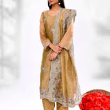 Dark Beige Organza Tissue Floral Embroidered Kurta Set