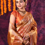Rust Orange With Gold Floral Zari Checks Weave Kanjivaram Silk Saree