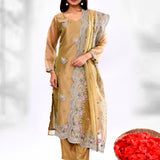 Dark Beige Organza Tissue Floral Embroidered Kurta Set