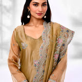 Dark Beige Organza Tissue Floral Embroidered Kurta Set