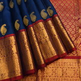 Navy Blue Kanjivaram Silk Saree With Red-Gold Zari Paisley Border