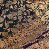 Deep Blue Gold Zari Floral Jaal Pure Silk Banarasi Saree With Heavy Woven Border