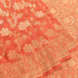 Orange Banarasi Silk Saree With Gold Zari Jaal Floral Weave & Zari Border